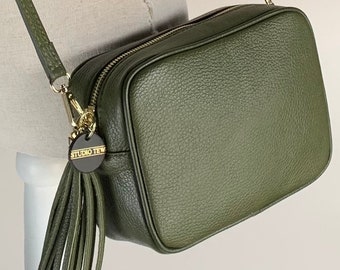 Olive Green Leather Crossbody Bag With Tassel & Strap, Tassel Bag, Bridesmaid Bag, Leather Handbag, 3rd Anniversary Gift