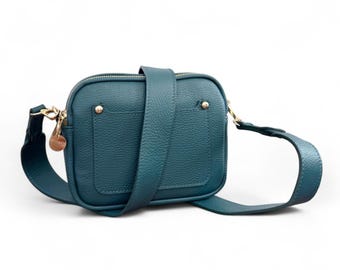 Teal Italian Leather Crossbody Bag, Double Zip Shoulder Bag - Victoria