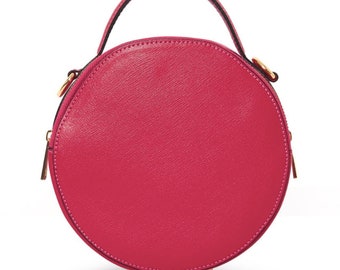 Fuchsia Round Leather Grab Bag, Circular Bag, Leather Crossbody Bag, Funky Bag, Vintage Bag, Retro Leather Bag, Mum Gift