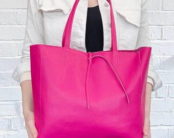Fuchsia Leather Shoulder Bag, Large Boho Bag, Pink Leather Bag, Leather Tote Bag - Abbie