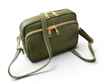Olive Green Leather Crossbody Bag, Adjustable Soft Strap Bag
