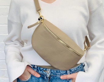 Riñonera personalizada de piel color topo: Bolso de cinturón de piel - Mediano Aurora