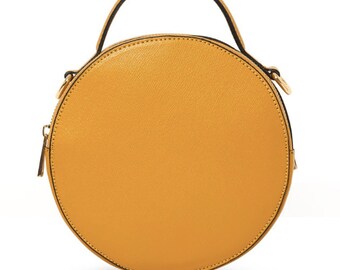 Mustard Round Leather Grab Bag, Circular Bag, Leather Crossbody Bag, Funky Bag, Vintage Bag, Retro Leather Bag, Mum Gift