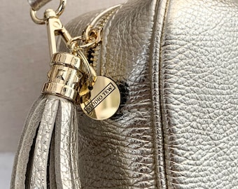 Gouden lederen crossbody tas met kwast & riem, kwasttas, bruidsmeisjestas, leren handtas, 3e verjaardagscadeau, kerstfeesttas