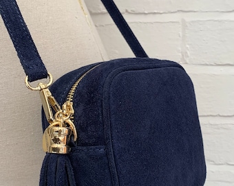 Navy Suede Crossbody Bag, Blue Suede Bag, Camera Bag, Tassel Bag, Wedding Bag, Suede Tassel Bag, Night Out Bag, Navy Bag