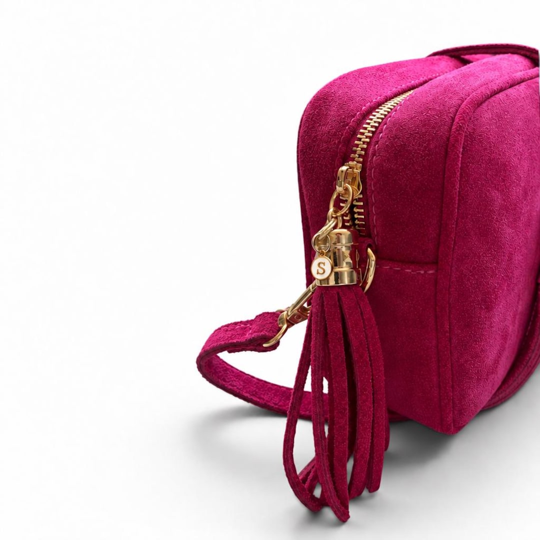 Personalised Fuchsia Suede Crossbody Bag: Pink Tassel Camera Bag