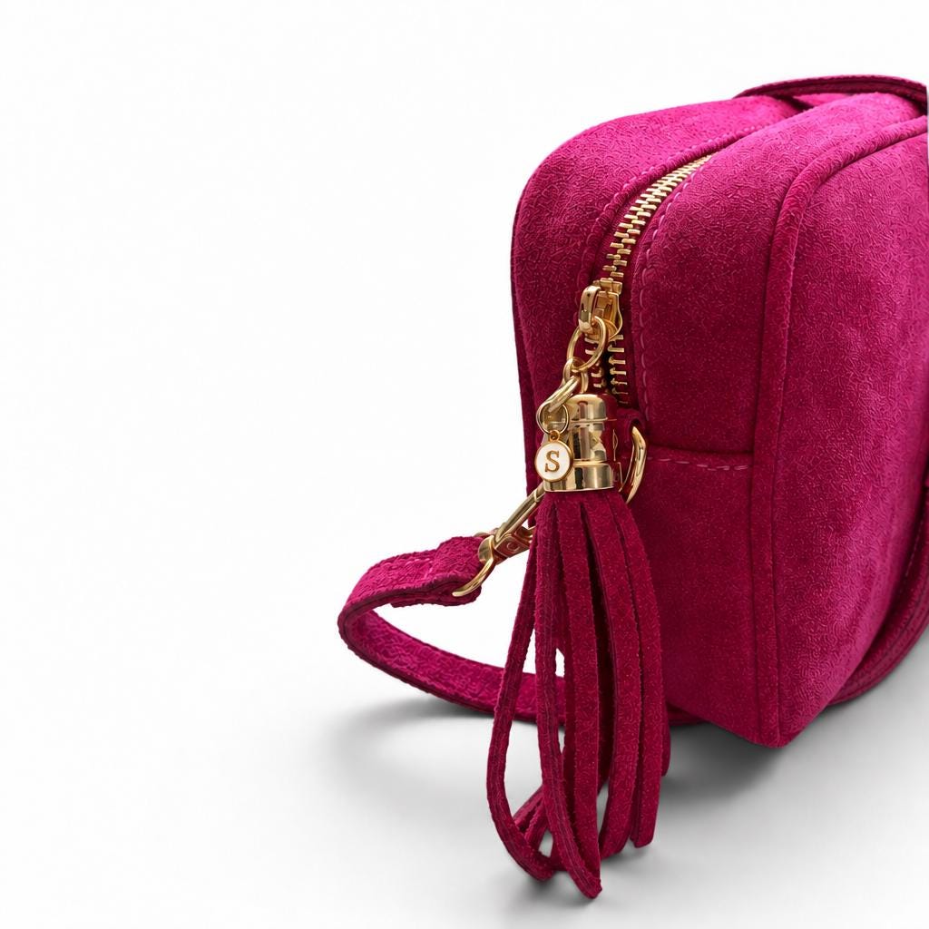 Personalised Fuchsia Suede Crossbody Bag: Pink Tassel Camera Bag