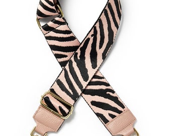 Light Pink Zebra Print Bag Strap With Gold Hardware & Leather Detail, Animal Print Replacement Bag Strap
