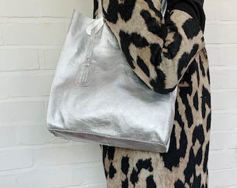Metallic Leather Tote Bag: Silver Boho Shoulder BagChristmas Gift For Her