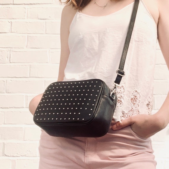 Large Black Leather Studded Crossbody Bag With Strap, Gothic Black Studded Bag, Studded Leather Handbag, Emo Bag, Black Handbag, Camera Bag - Etsy Large Black Leather Studded Crossbody Bag With Strap, Gothic Black Studded Bag, Studded Leather Handbag, Emo Bag, Black Handbag, Camera Bag - Etsy