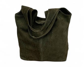 Dark Green Suede Slouchy Shoulder Bag - Ava