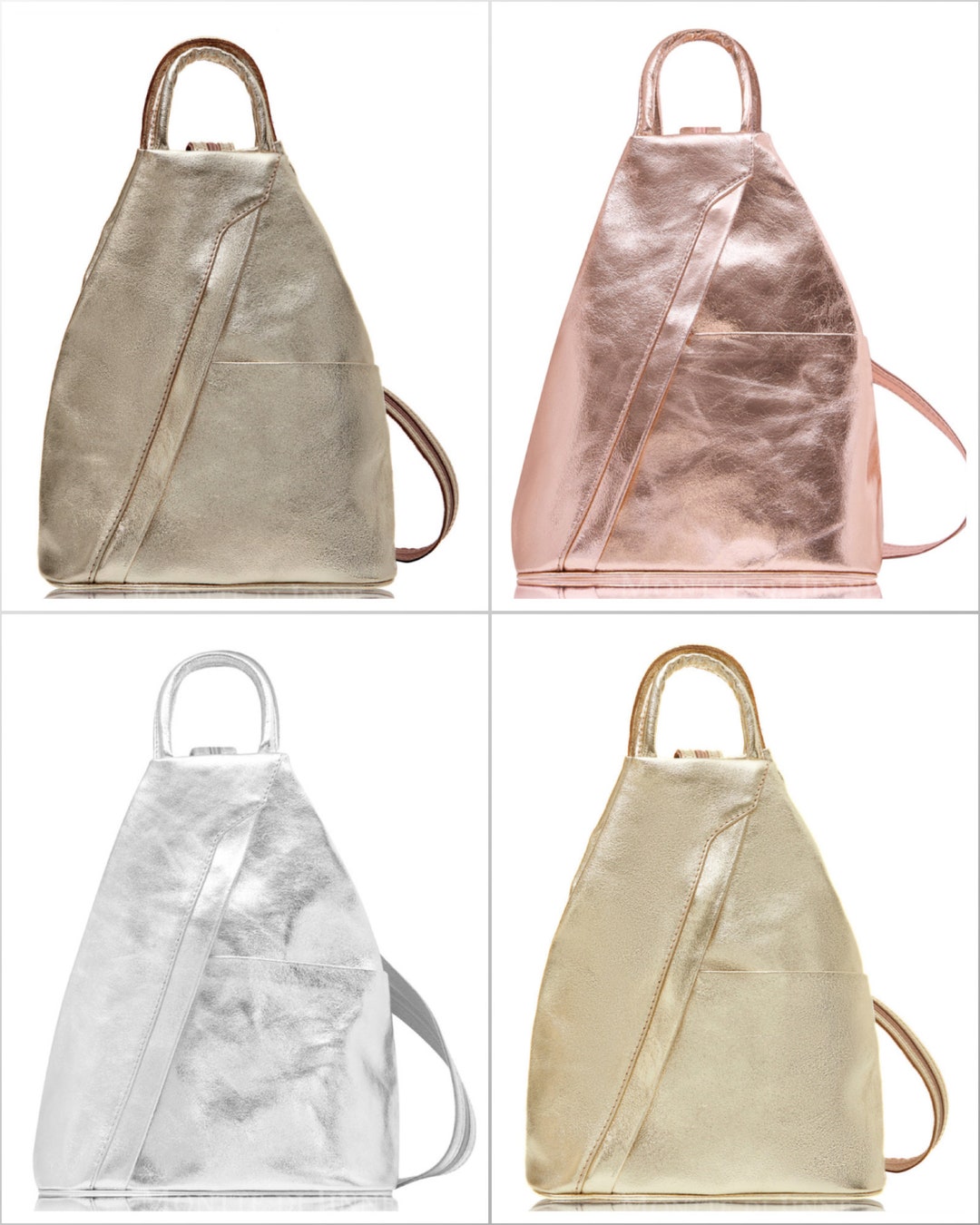Stylish Leather Backpack in Metallic Colours, Women's Gold Leather