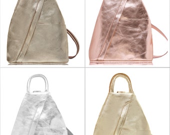 Stylish Leather Backpack In Metallic Colours, Women's Gold Leather Backpack, Silver Backpack, Work Bag, Leather Bag, Anniversary Gift