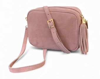 Pale Pink Suede Crossbody Bag: Tassel Camera Bag Personalised Gift