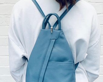 Stylish Blue Leather Backpack, Women&#39;s Leather Backpack, Bright Backpack, Work Bag, Leather Bag, Anniversary Gift, Wife Gift