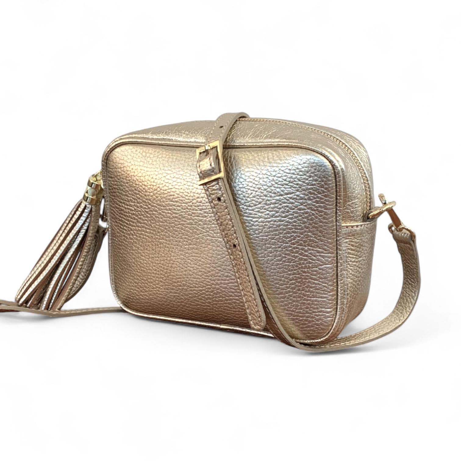 Italian Leather Crossbody Bag: Gold or Silver Metallic Camera Bag