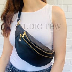 Black Leather Bum Bag: Italian Leather Fanny Pack with Gold Hardware