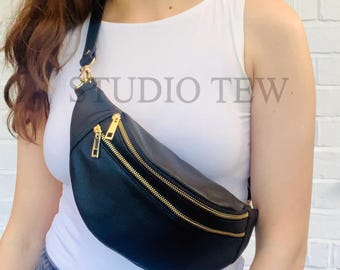 Personalised Black Leather Bum Bag: Italian Leather Fanny Pack with Gold Hardware - Cecilia