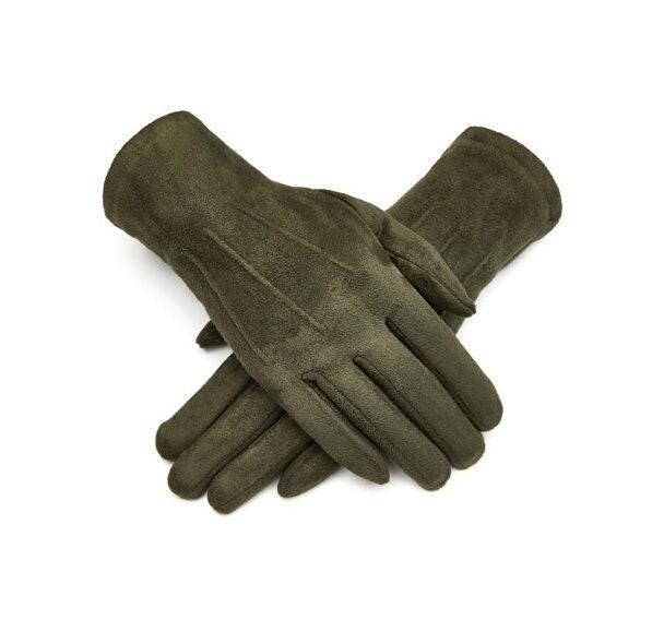 Dark Green Ladies Gloves Faux Suede Olive Green Gloves Dog Owner Gift Women s Winter Gloves Winter Gloves Christmas Gift For Her