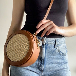 rattan cane + leather market fanny pack