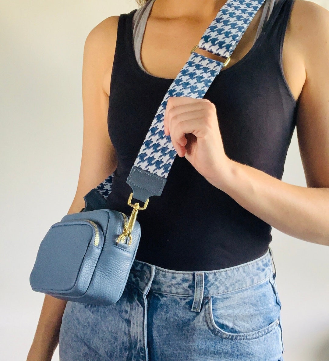 Leather Crossbody Bag With Dogtooth Strap, Camera Bag With Pocket