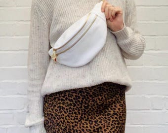 Personalised White Leather Bum Bag: Italian Leather Fanny Pack with Gold Hardware - Cecilia