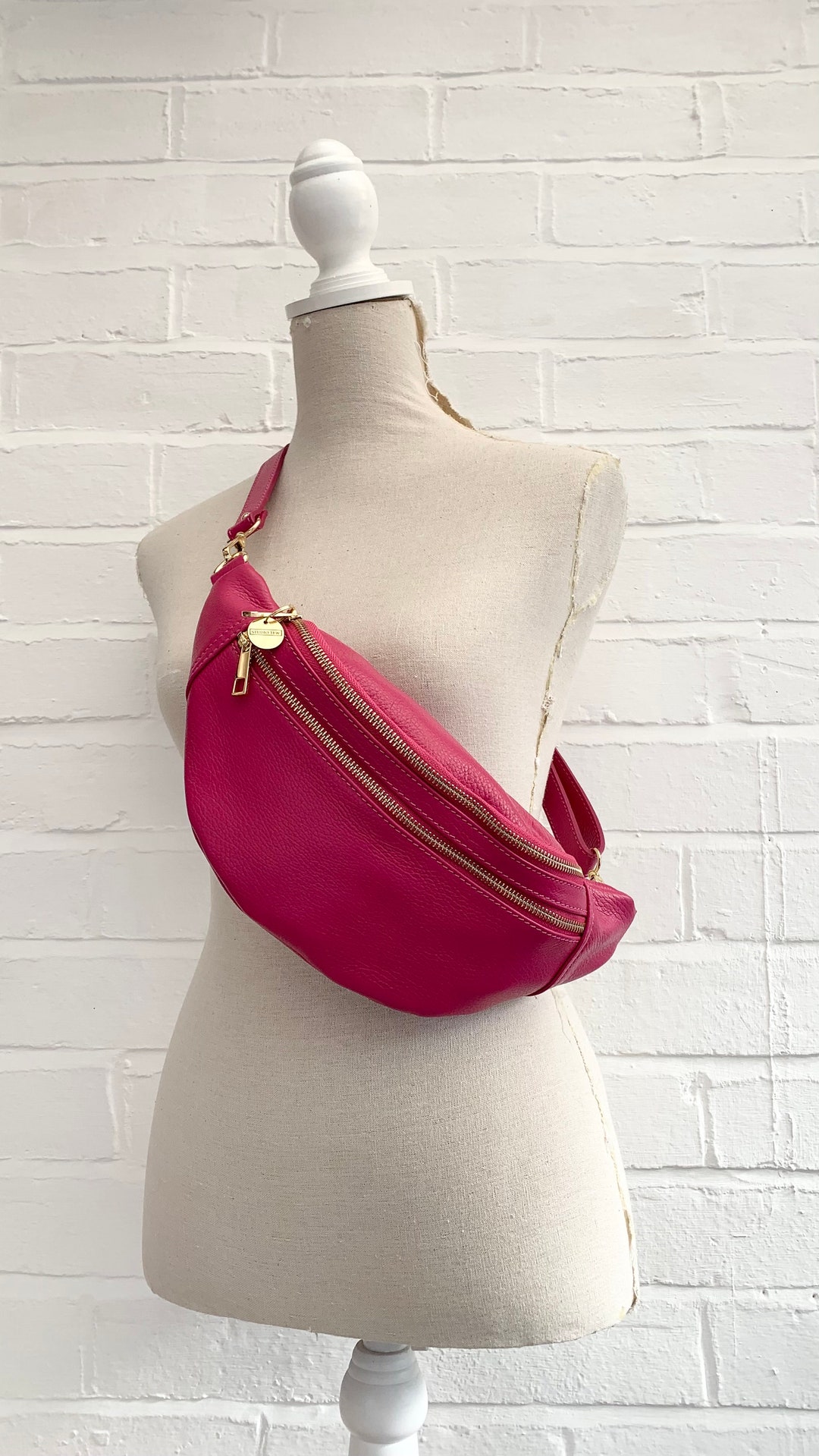 Fuchsia Leather Fanny Pack, Bum Bag, Close to Body Bag, Small Leather