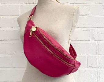 Fuchsia Leder Bauchtasche, Bauchtasche, Bauchtasche, kleine Ledertasche, Festival Tasche, Damen Leder Gürteltasche