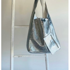 Metallic Leather Slouch Shoulder Bag, Silver Boho Bag, Rose Gold Bag, Gold Slouchy Bag, Shiny Bag, Metallic Bag, Unusual Gift image 5