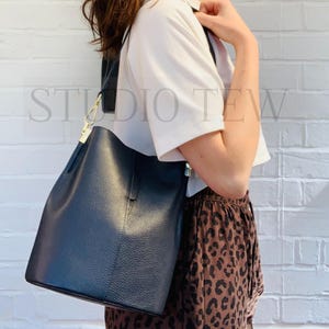 Navy Leather Bucket Bag, Navy Italian Leather Bag, Dark Blue Bag, Spacious Handbag, Stylish Bag, Gift For Her, New Work Bag, Fashion