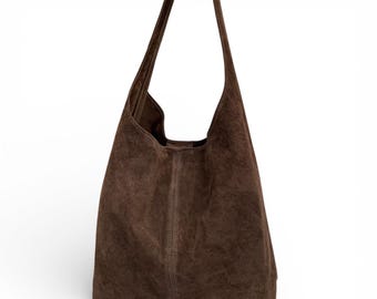 Personalised Coffee Brown Italian Suede Hobo Bag: Slouchy Shoulder Bag with Purse - Charlie