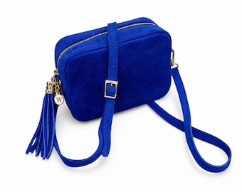 Bolso bandolera personalizado de ante azul marino: bolso con borla para cámara - Regalo personalizado de Jean