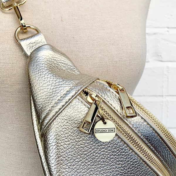 Gold Leather Oversized Bum Bag, Large Fanny Pack, Close to Body Bag, Small Leather Bag, Festival Bag, Women's Leather Bum Bag