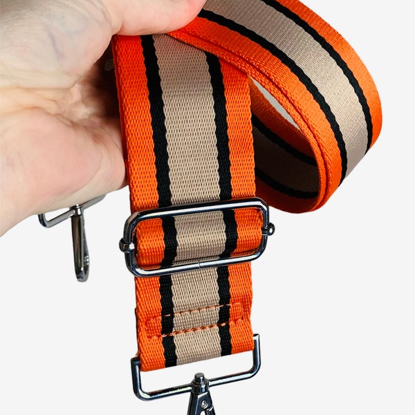 Orange Canvas Bag Strap, Replacement Bag Strap, Stripe Print Bag Strap, Adjustable Handbag Strap, Silver Hardware Bag Strap