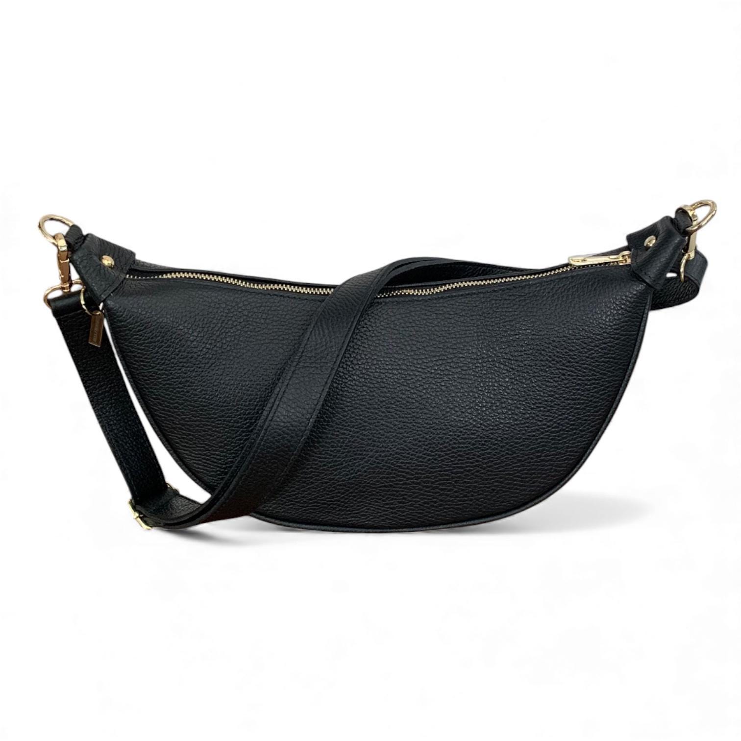 Personalised Leather Moon Bag: Black Crossbody Shoulder Bag by
