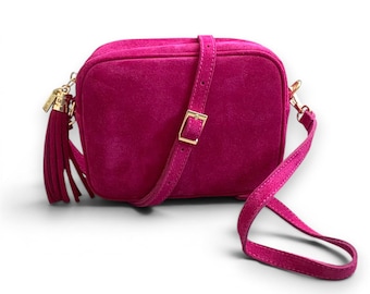 Fuchsia Suede Crossbody Bag: Pink Tassel Camera Bag - Jean Personalised Gift
