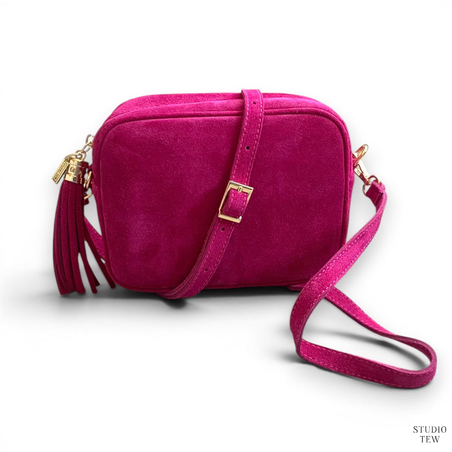 Fuchsia Suede Crossbody Bag: Pink Tassel Camera Bag - Jean