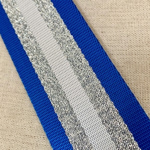 Bandoulière en toile bleu roi et argent, Bandoulière de rechange, Bandoulière à imprimé rayures, Bandoulière réglable, Bandoulière argentée