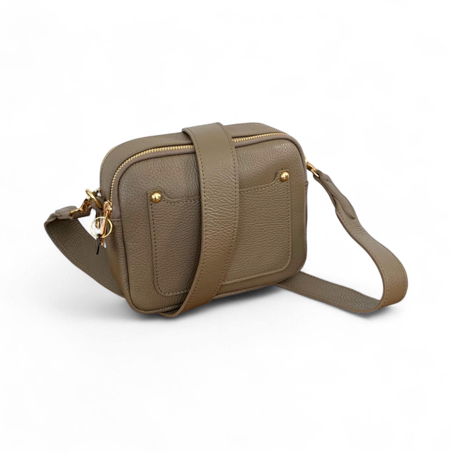 Taupe Italian Leather Crossbody Bag, Double Zip Shoulder Bag