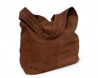 Personalised Brown Suede Hobo Bag with Purse: Italian Leather Slouchy Shoulder Bag- Charlie