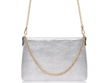 Gold Metallic Leather Clutch Bag With Chain Strap, CALLIE