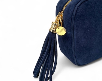 Navy Suede Crossbody Bag: Tassel Camera Bag - Jean Personalised Gift