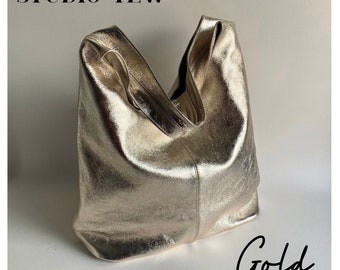 Metallic Leather Slouch Shoulder Bag, Silver Boho Bag, Rose Gold Bag, Gold Slouchy Bag, Shiny Bag, Metallic Bag, Unusual Gift