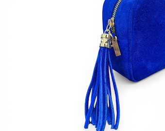 Royal Blue Suede Crossbody Bag: Tassel Camera Bag - Jean Personalised Gift