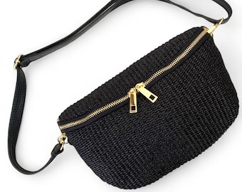 Black Woven Raffia Bum Bag: Summer Festival Crossbody Belt Bag - Personalised Bag - Rosie
