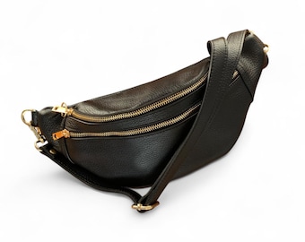 Personalised Black Leather Bum Bag: Italian Leather Fanny Pack with Gold Hardware - Cecilia