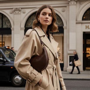 May include: A beige trench coat featuring a wide collar, shoulder epaulets, and a belted waist, paired with a dark brown crescent-shaped shoulder bag. The coat has long sleeves with buckled cuffs and a structured, layered design across the chest.