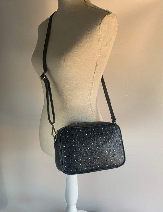 Josie Black Leather Chain Bag | Black leather crossbody bag, Classy purses, Studded  bag