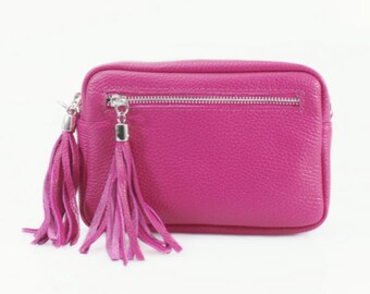 Fuchsia roze leren tas Mix & Match tas met riem, cameratas, bruidsmeisje cadeau, bruidsmeisje tas, lederen bruiloft tas, heldere tas