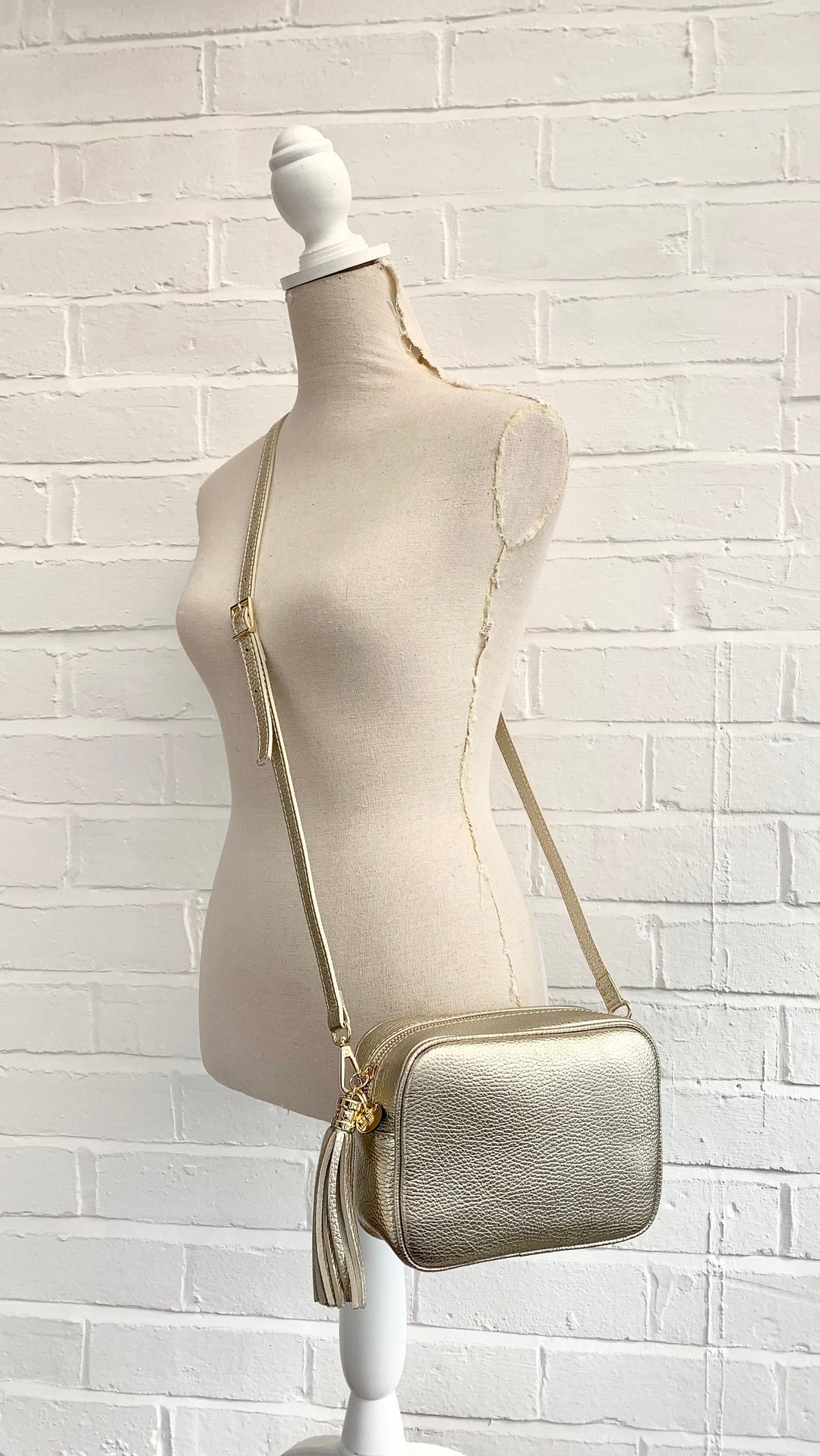 Gold Leather Crossbody Bag With Tassel & Strap, Tassel Bag, Bridesmaid